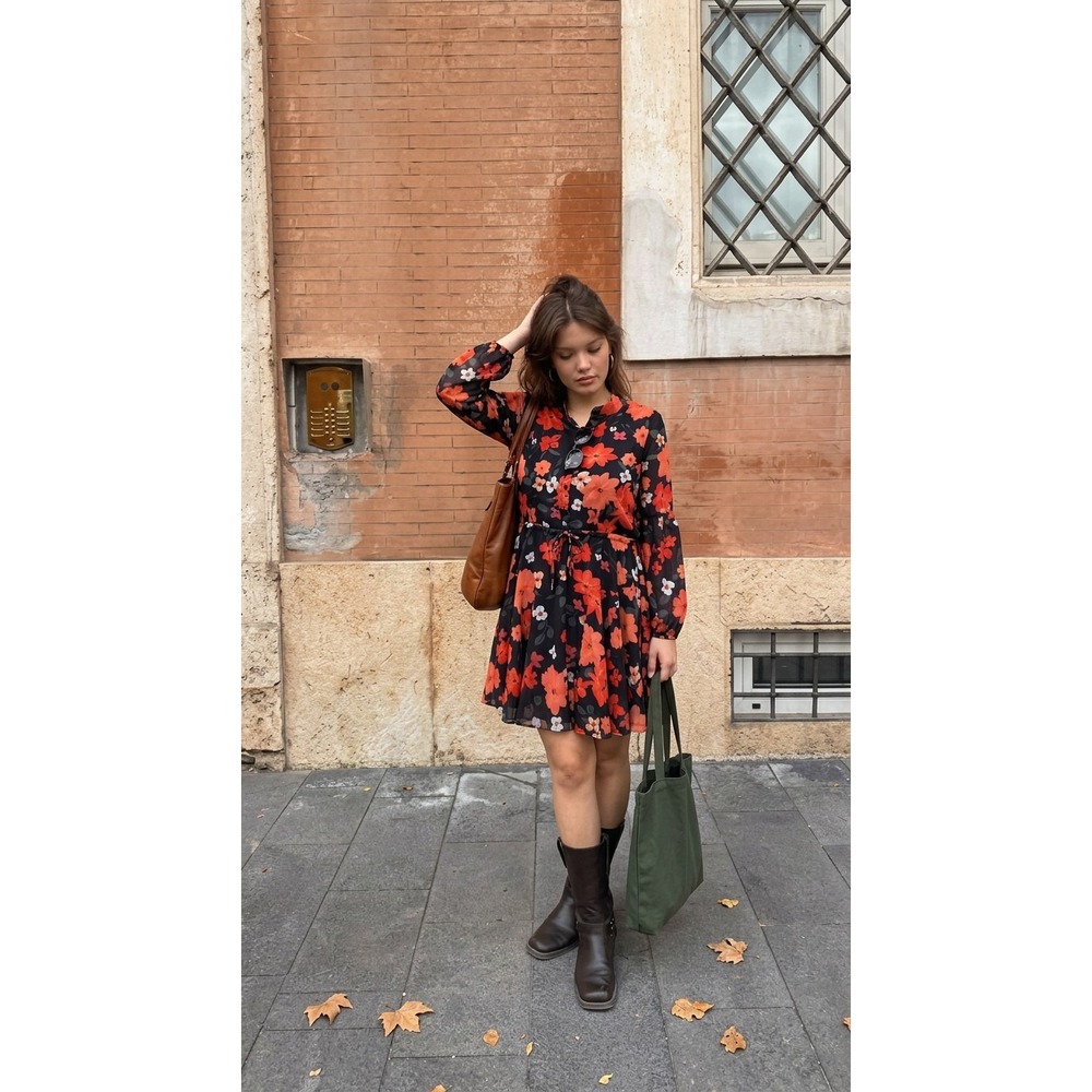 Clarisbelle Floral S Dress Long Sleeve Button Down Drawstring Waist Flare Skirt